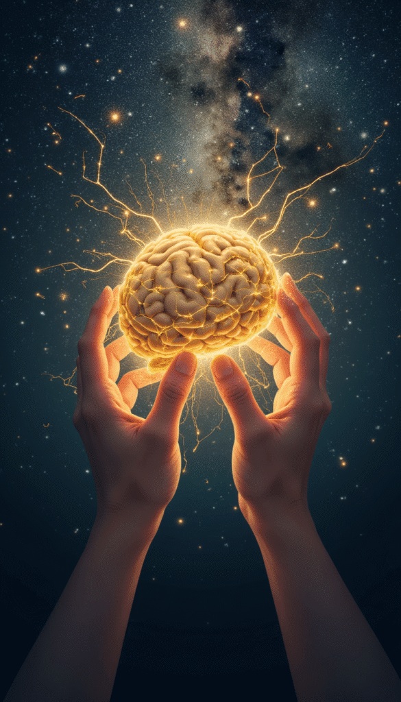 A visual metaphor of a brain as a glowing, malleable clay being shaped by hands, neural pathways are visible as golden threads that shift and reform, set against a backdrop of a starry night sky with constellations forming and dissolving, mood of limitless potential and dynamic transformation with a sense of hope and empowerment, digital painting, created in Procreate with a focus on soft glowing light and intricate textures.